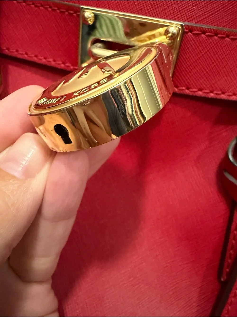 Michael Kors Red Leather Structured Satchel with Gold Lock Charm